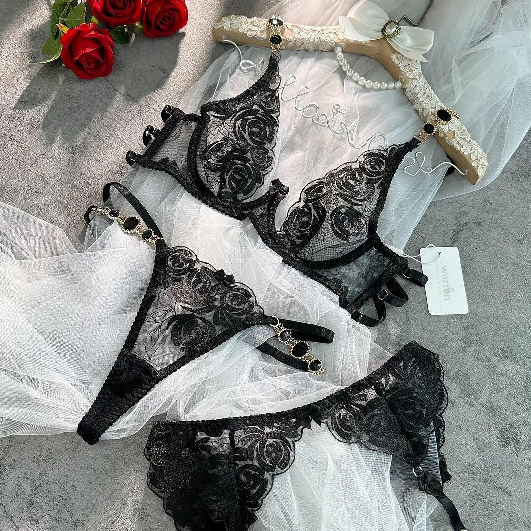 Gemstone Embroidered Bra & Garter Set