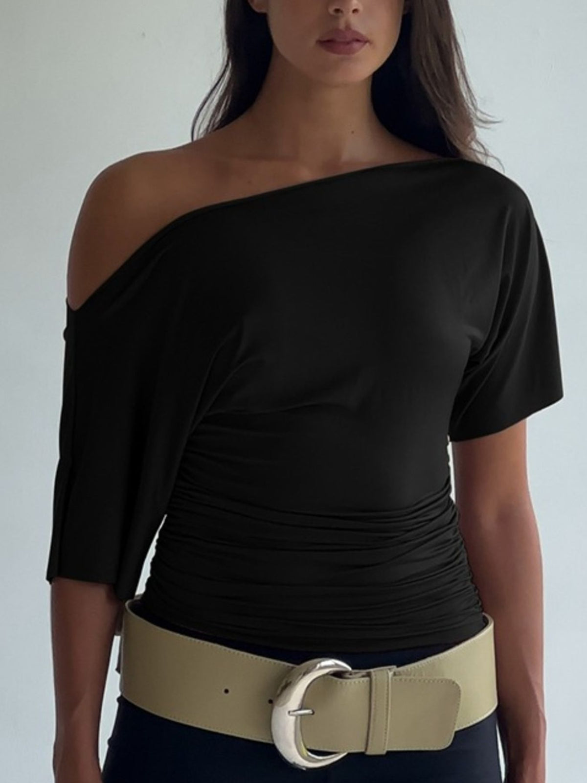 Ruched One-Shoulder Short Sleeve Top - Gloss & Grit