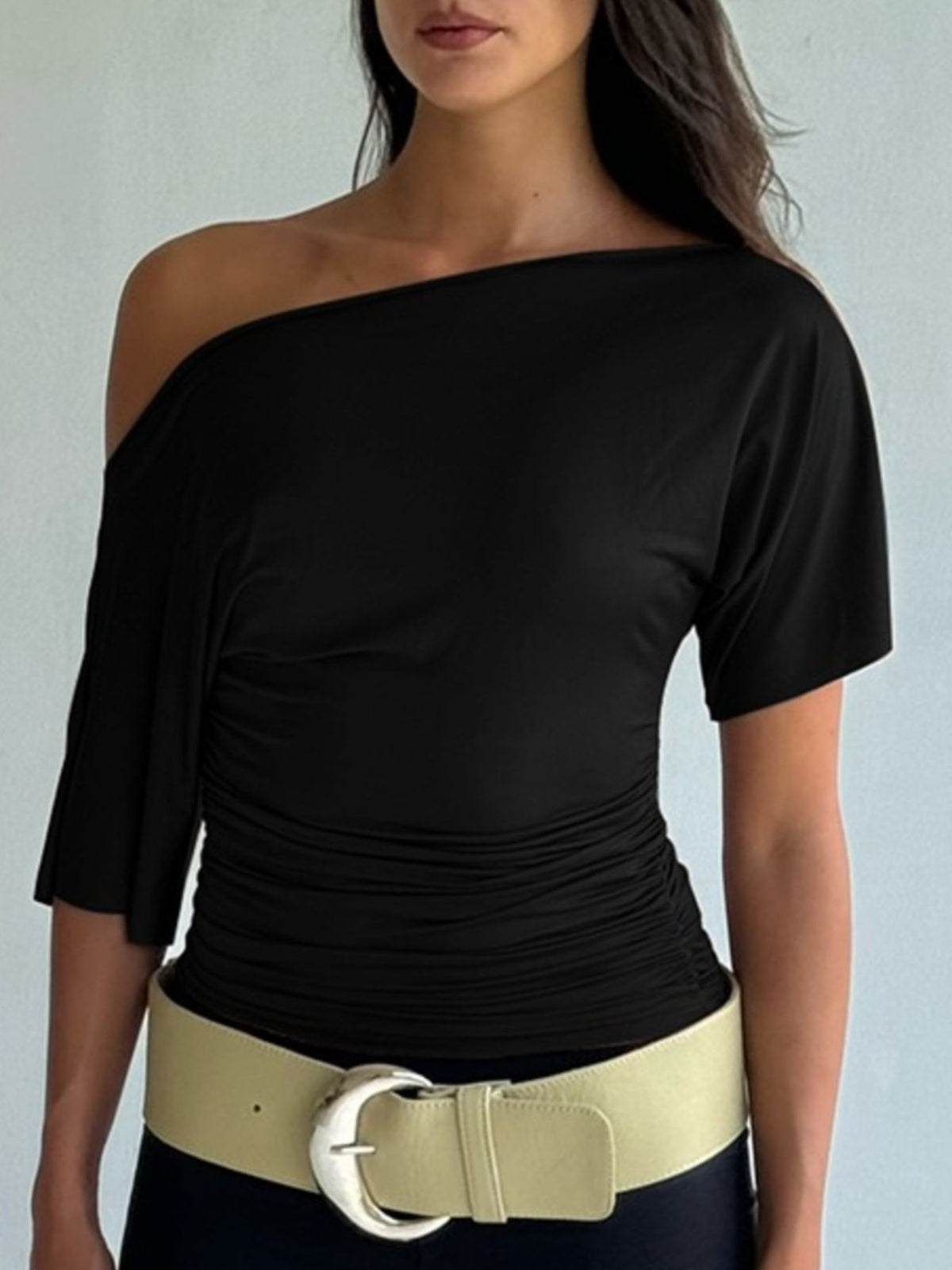 Ruched One-Shoulder Short Sleeve Top - Gloss & Grit