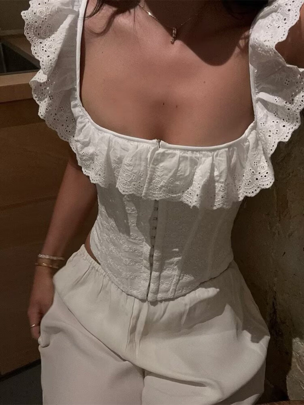 White Eyelet Ruffle Trim Corset Tank - Gloss & Grit