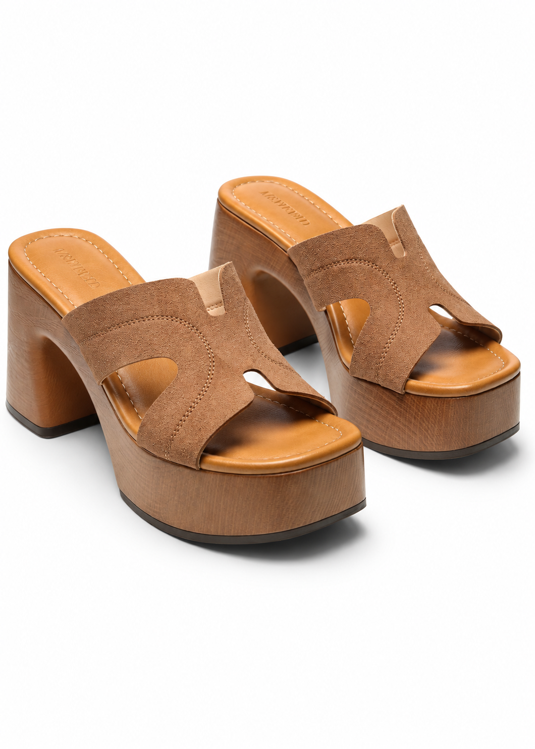Pair of brown faux suede Maribel platform mules with cutout straps, angled view