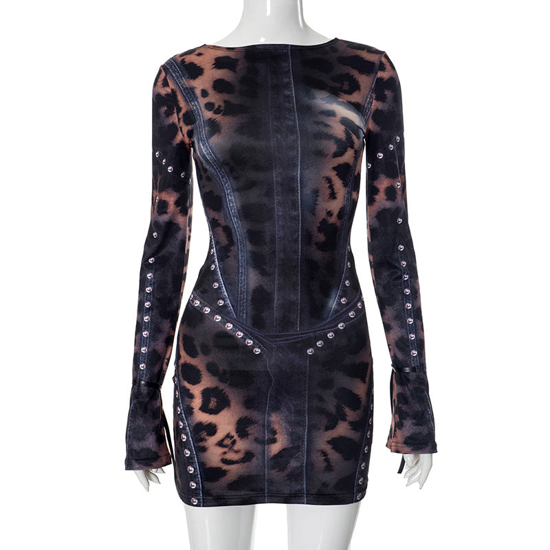 Y2K Leopard Studded Long Sleeve Mini Dress - Gloss & Grit