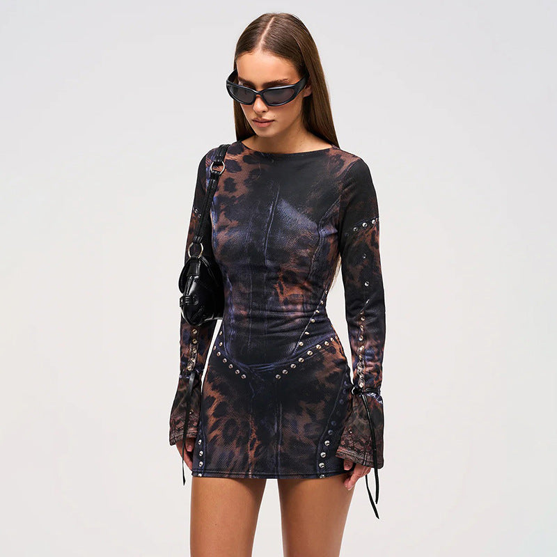 Y2K Leopard Studded Long Sleeve Mini Dress - Gloss & Grit