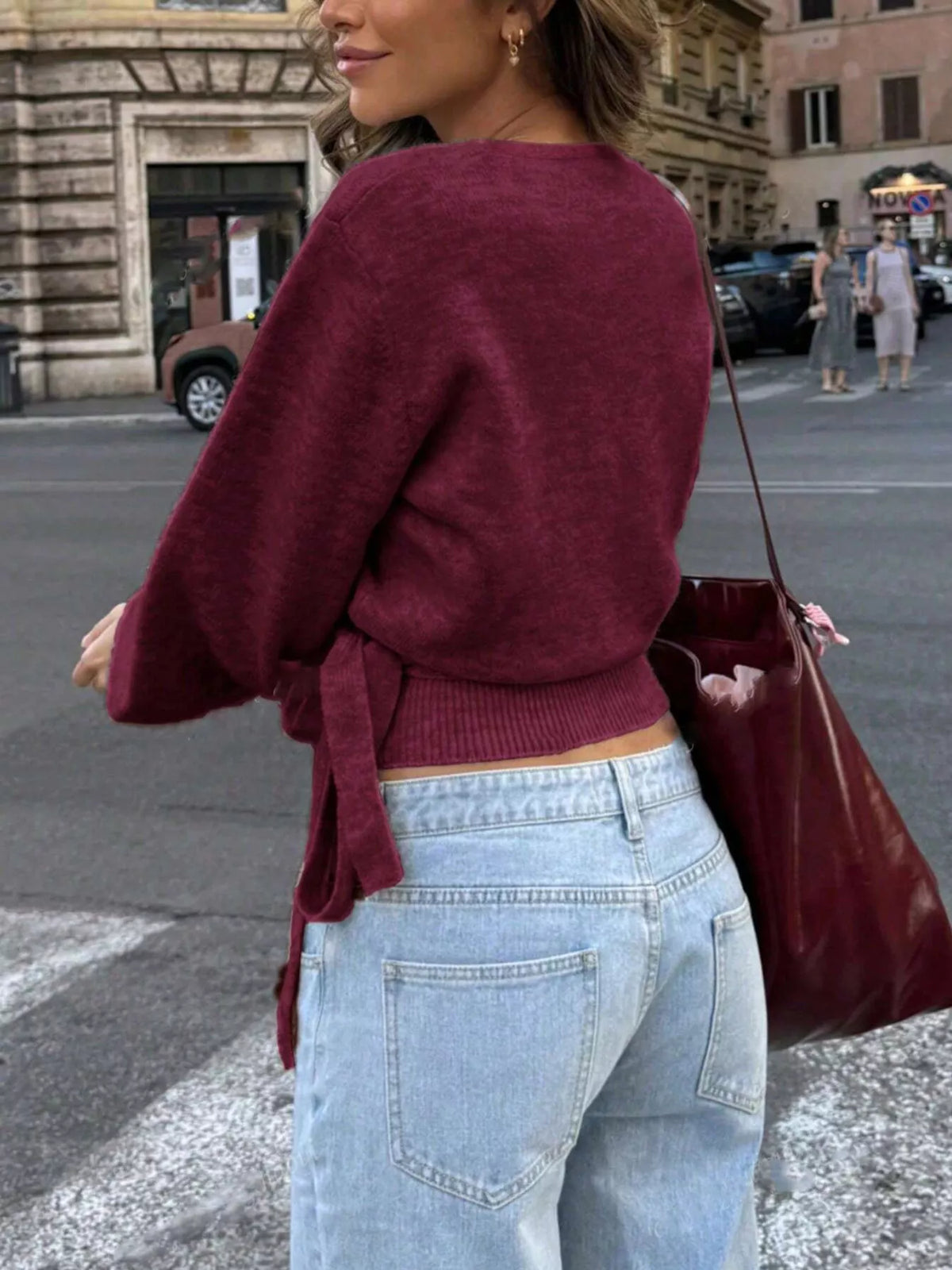 Tie Waist Surplice Knit Sweater Top with Wrap Front - Gloss & Grit