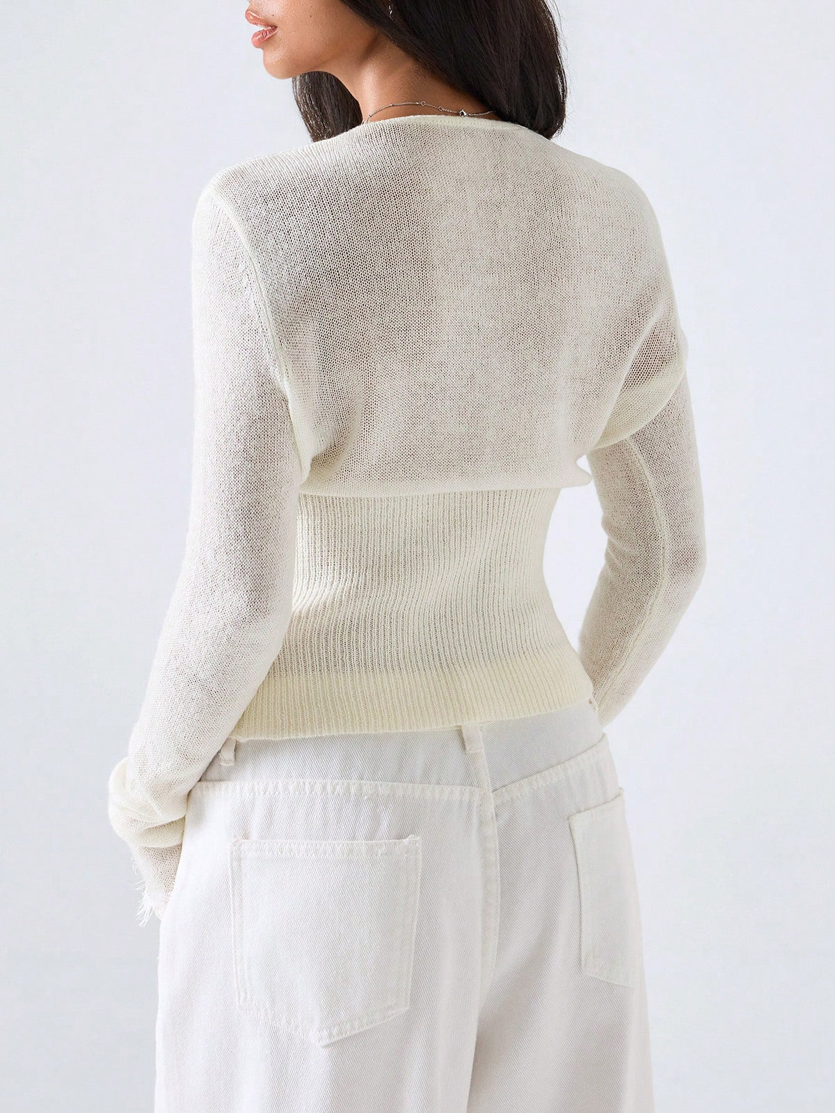 Odette Lace Trim Cropped Knit Cardigan in Off-White, back
