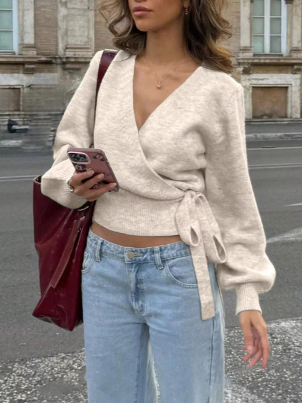 Tie Waist Surplice Knit Sweater Top with Wrap Front - Gloss & Grit