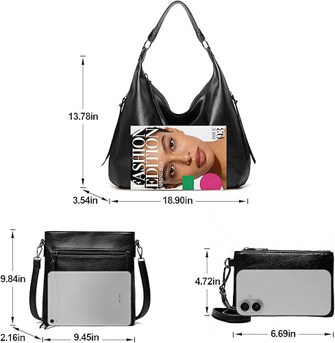 Women's Leather Hobo Bag Set – 3-Piece with Crossbody & Wristlet