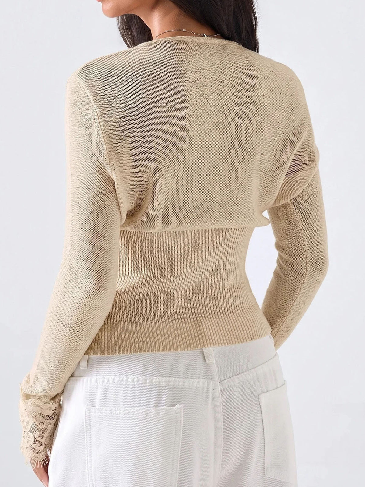 Odette Lace Trim Cropped Knit Cardigan in Apricot, back
