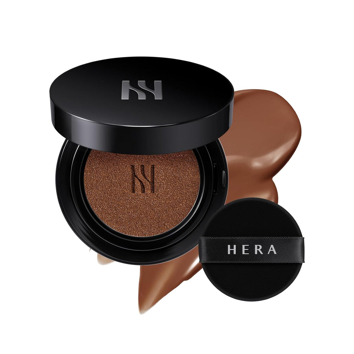 HERA Black Cushion Foundation compact in a deep shade with puff and swatch