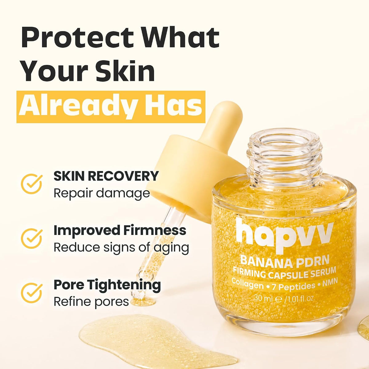 HAPVV Banana PDRN serum benefits: skin recovery, improved firmness and pore tightening