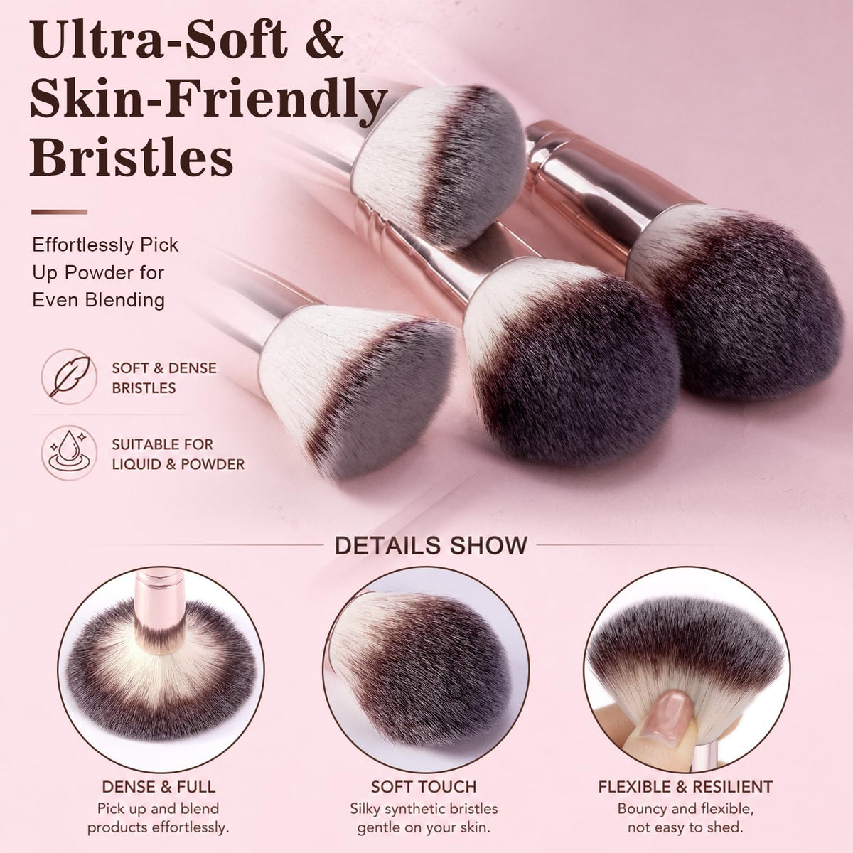HGHDBT pink makeup brushes with ultra-soft, skin-friendly bristles, detail view
