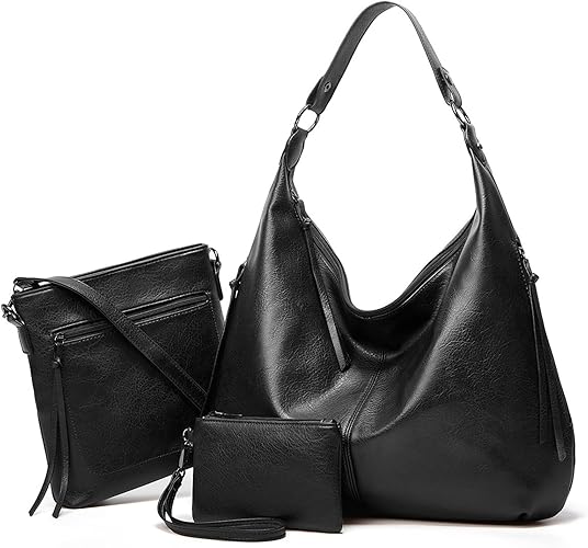 Women's Leather Hobo Bag Set – 3-Piece with Crossbody & Wristlet