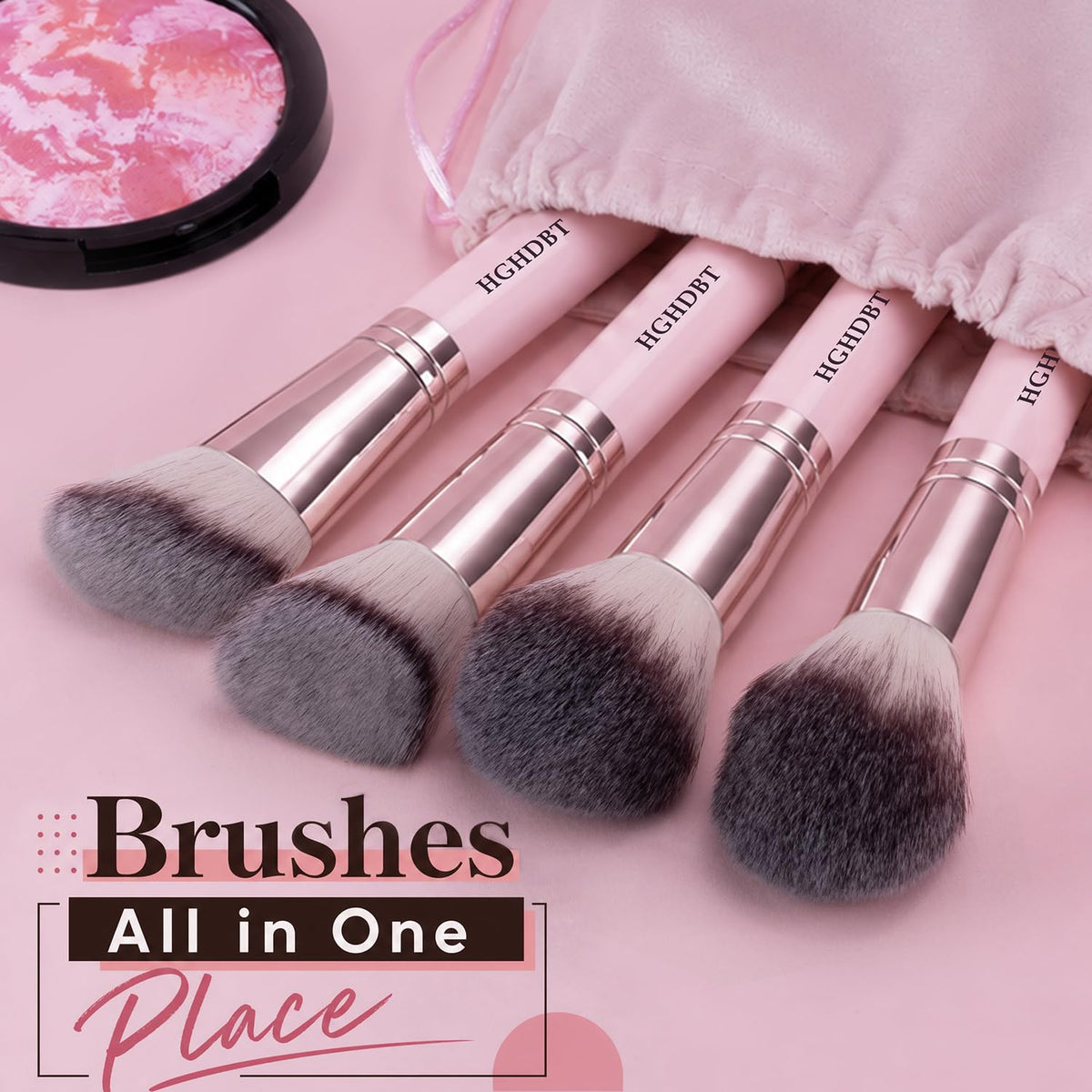 HGHDBT pink makeup brushes with drawstring storage pouch and blush compact