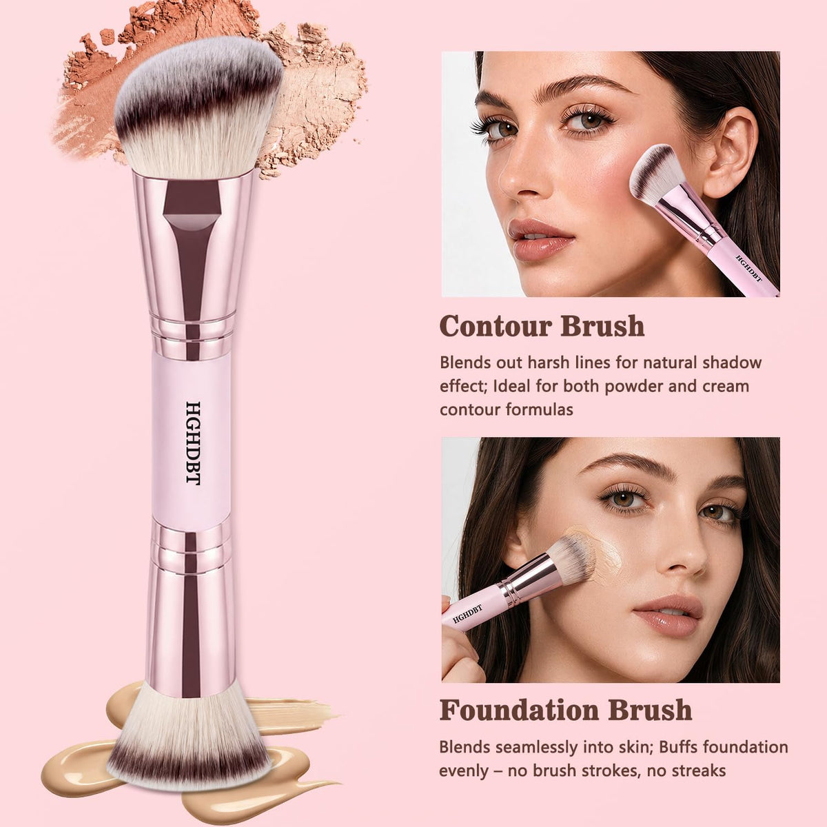 HGHDBT pink dual-ended contour and foundation brush shown in use