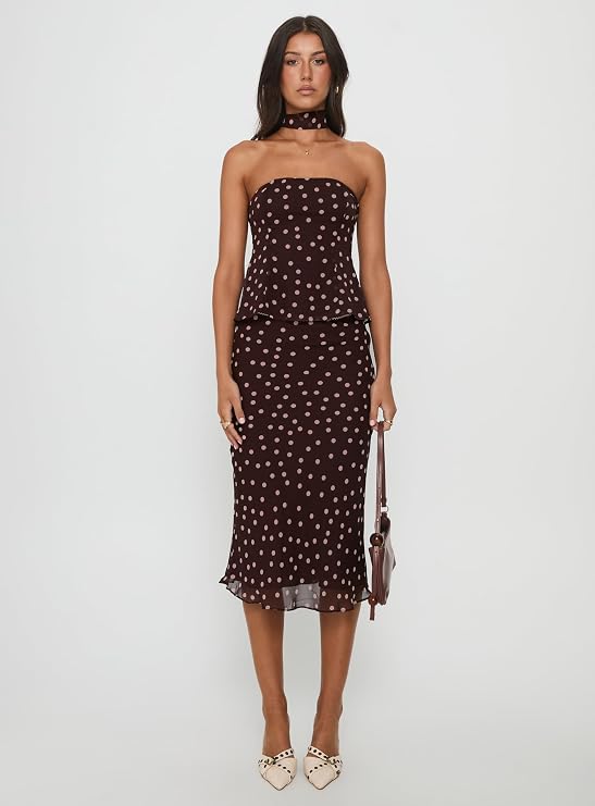 Princess Polly chocolate and pink polka dot strapless top styled with a midi skirt