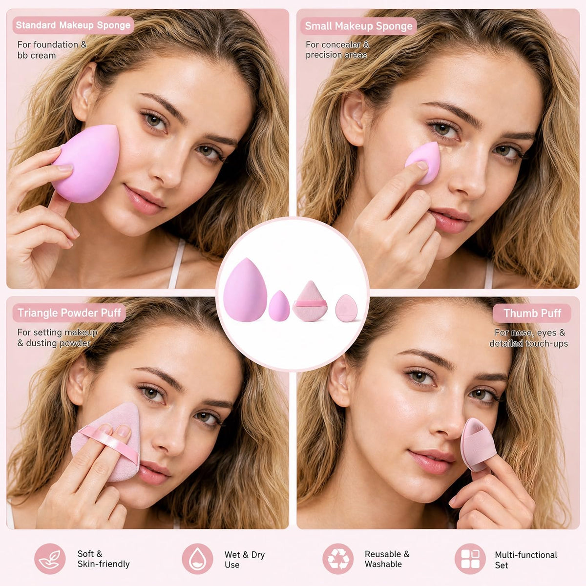 HGHDBT pink makeup sponges and puffs shown in use for blending foundation