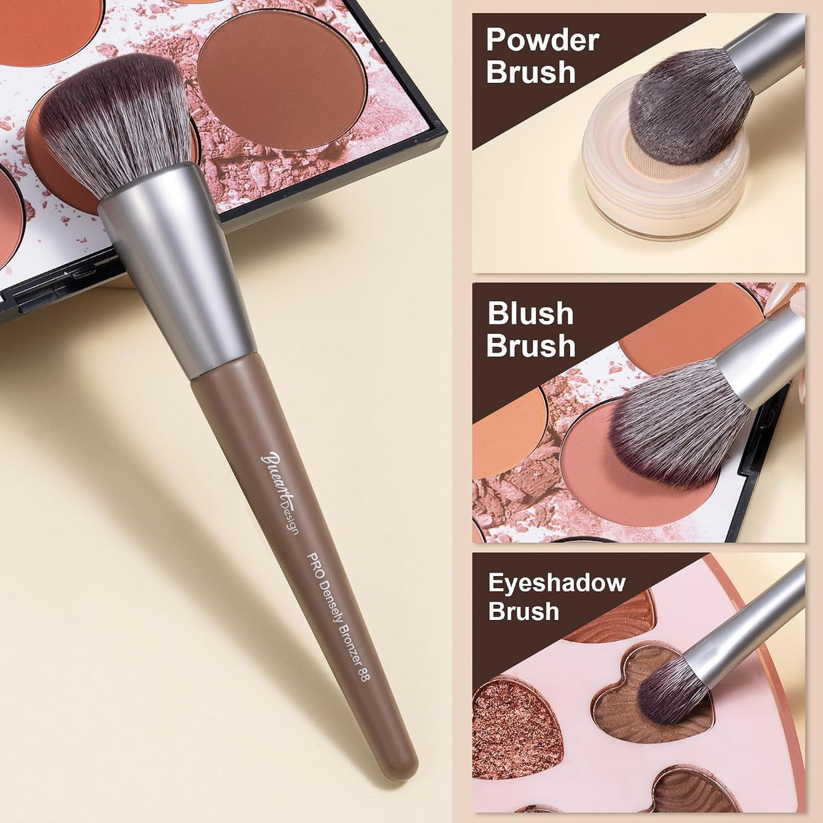 Bueart Design makeup brushes shown as powder, blush and eyeshadow brushes