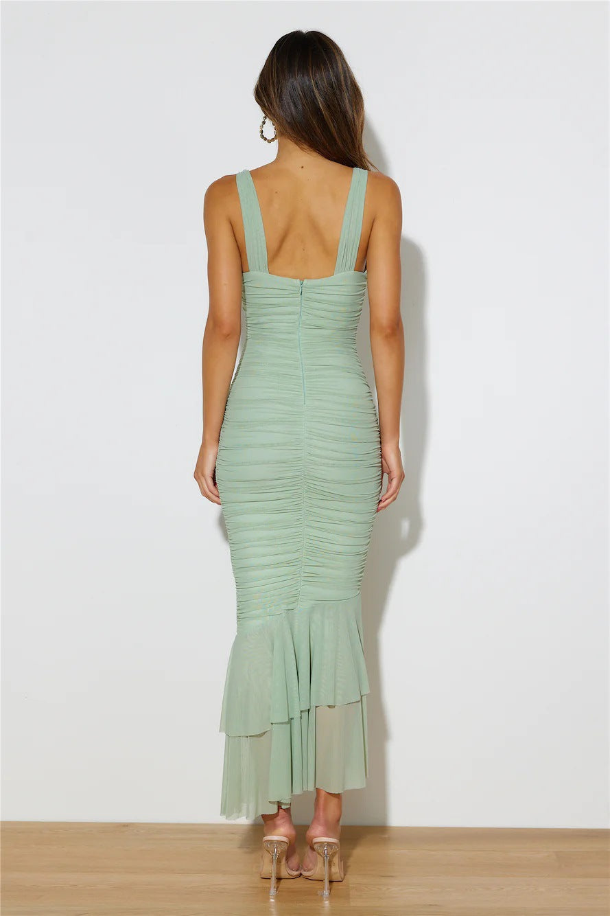 Ruched Mermaid Midi Dress with Square Neck Cutout