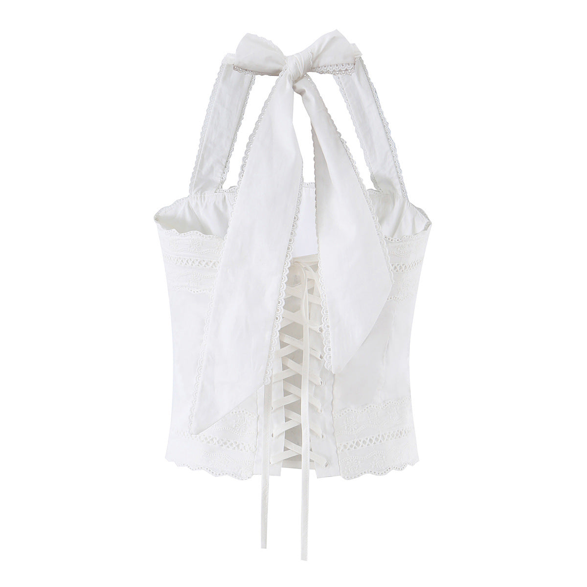White Lace Trim Halter Tie Crop Top