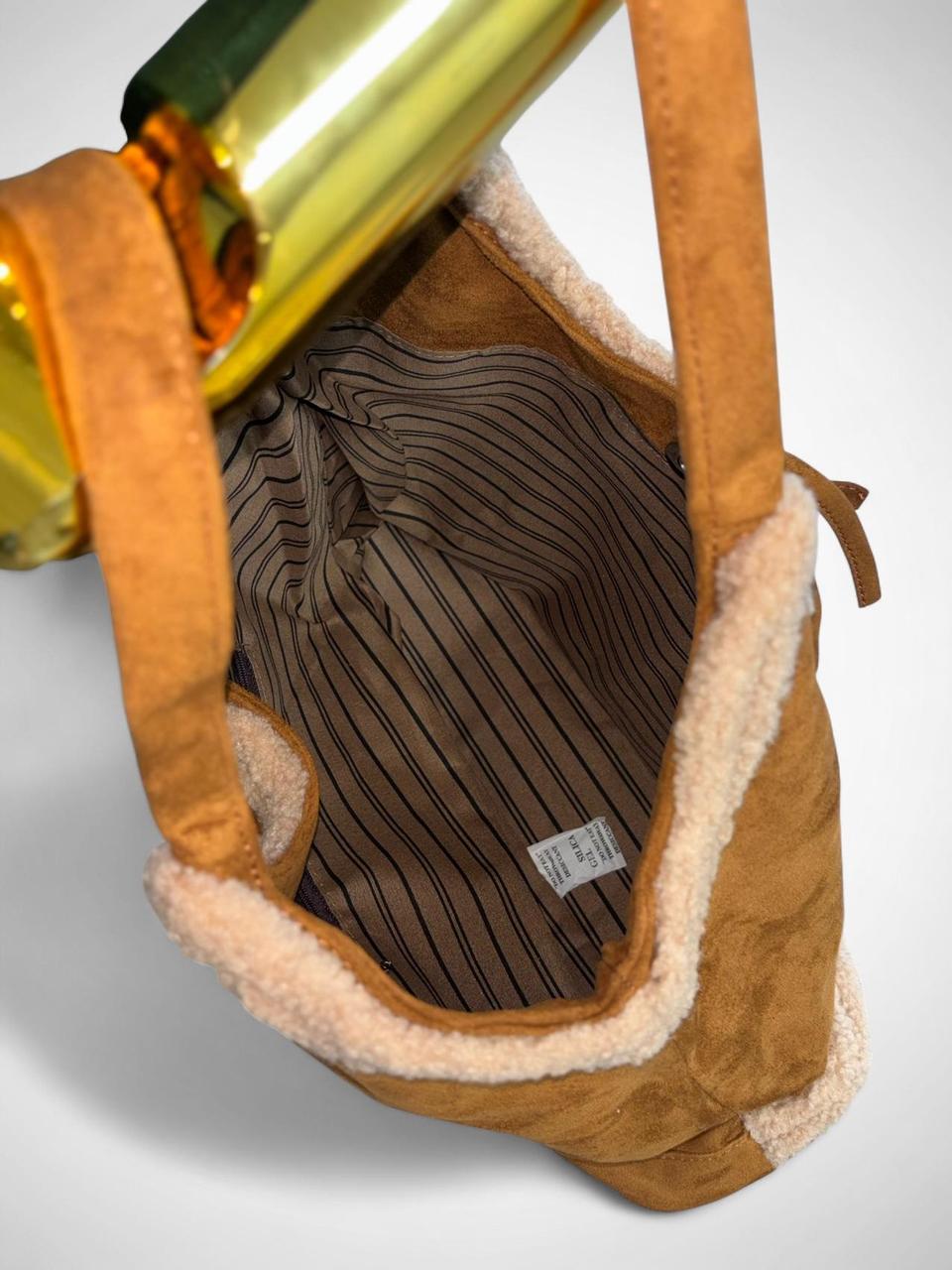 Faux Suede Shearling Tote Bag in Brown - Gloss & Grit