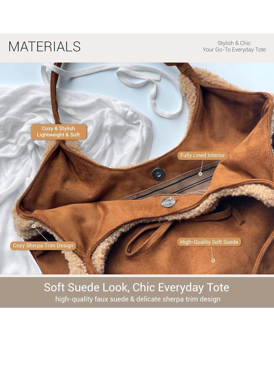 Faux Suede Shearling Tote Bag in Brown - Gloss & Grit