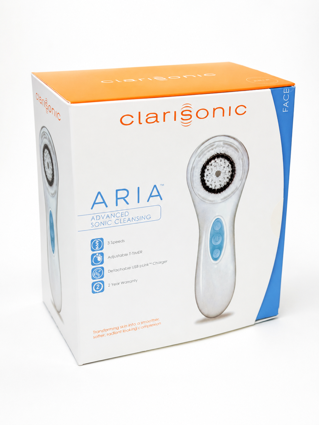 Clarisonic Aria facial cleansing device packaging on a white background