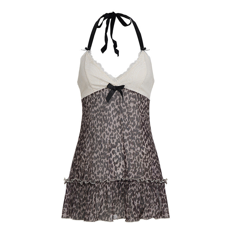 Lennox leopard-print mesh halter mini dress with ivory lace cups, black ribbon ties and a ruffled hem