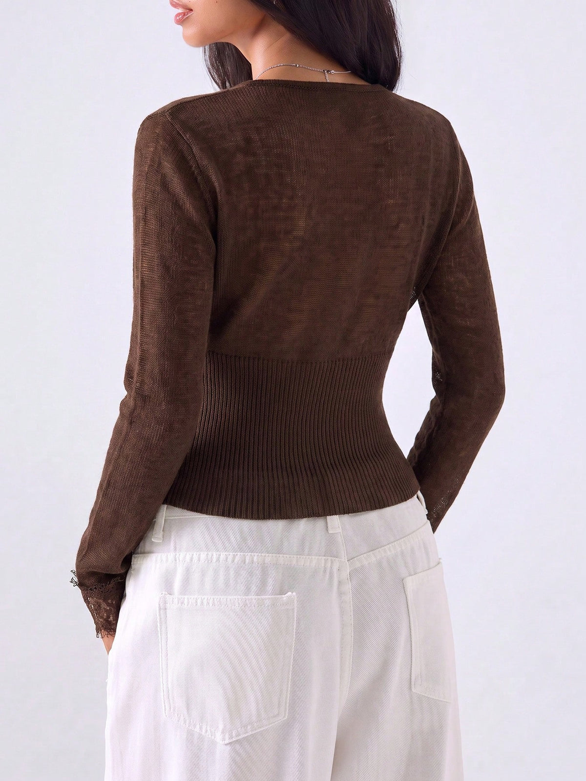 Odette Lace Trim Cropped Knit Cardigan in Coffee, back