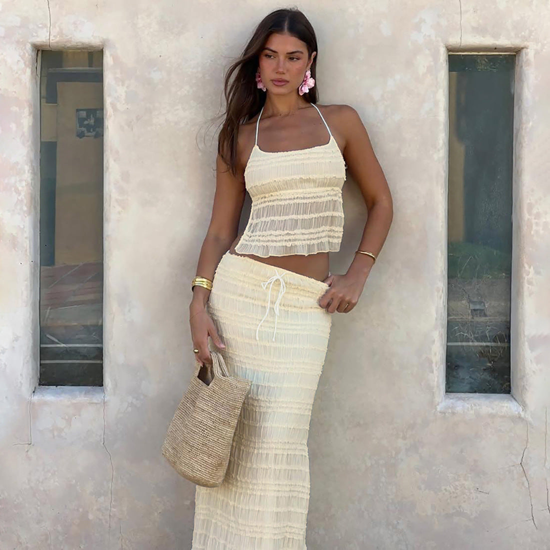 Ruched Halter Top and Maxi Skirt Set - Gloss & Grit