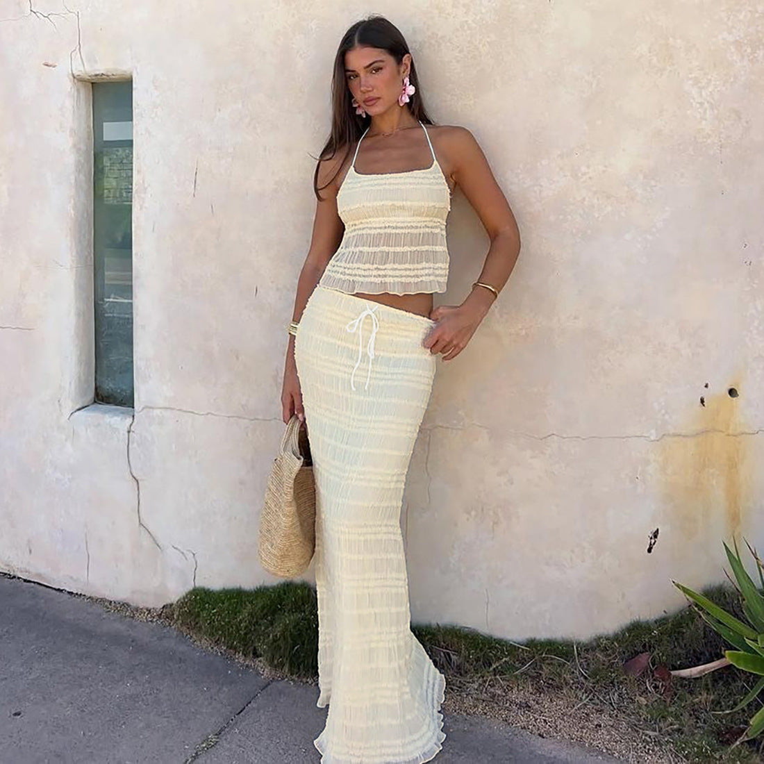 Ruched Halter Top and Maxi Skirt Set - Gloss & Grit