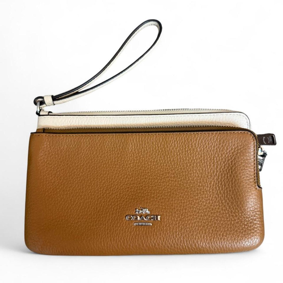 Coach Light Saddle and Chalk double zip wristlet wallet front