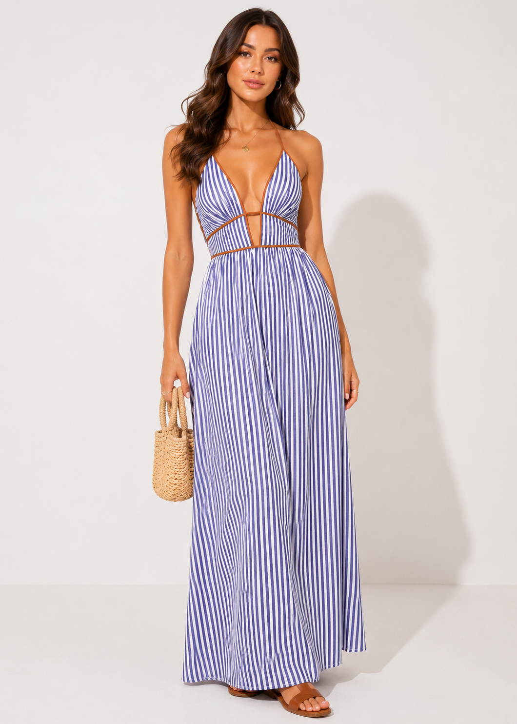 Striped Cut Out Halter Neck Maxi Dress