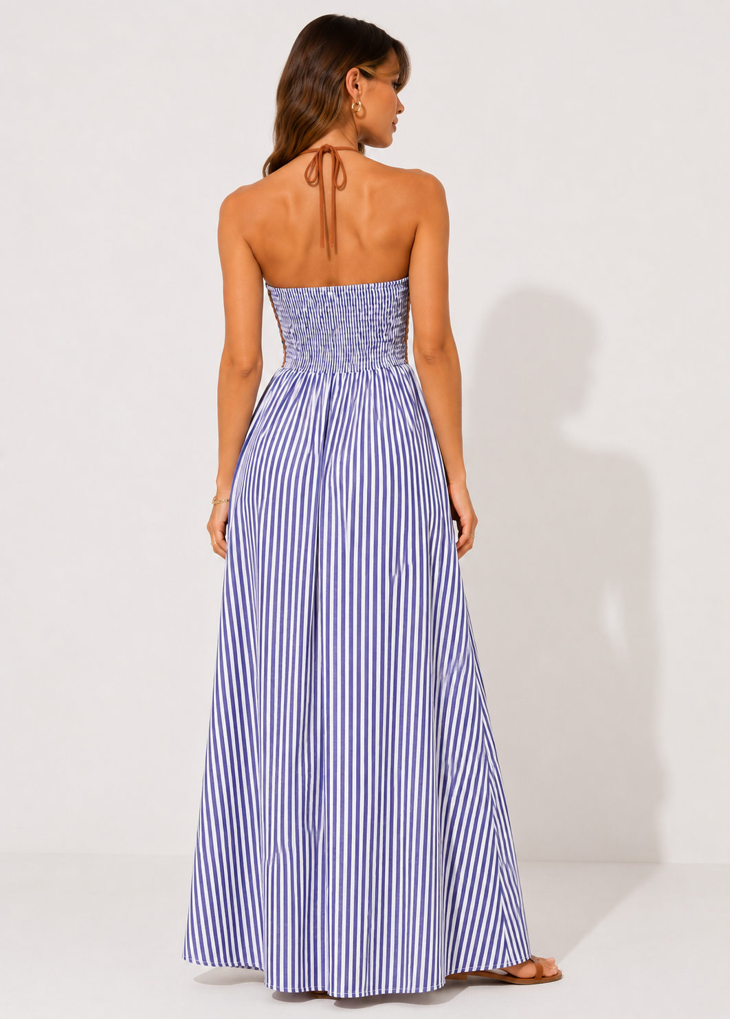 Striped Cut Out Halter Neck Maxi Dress