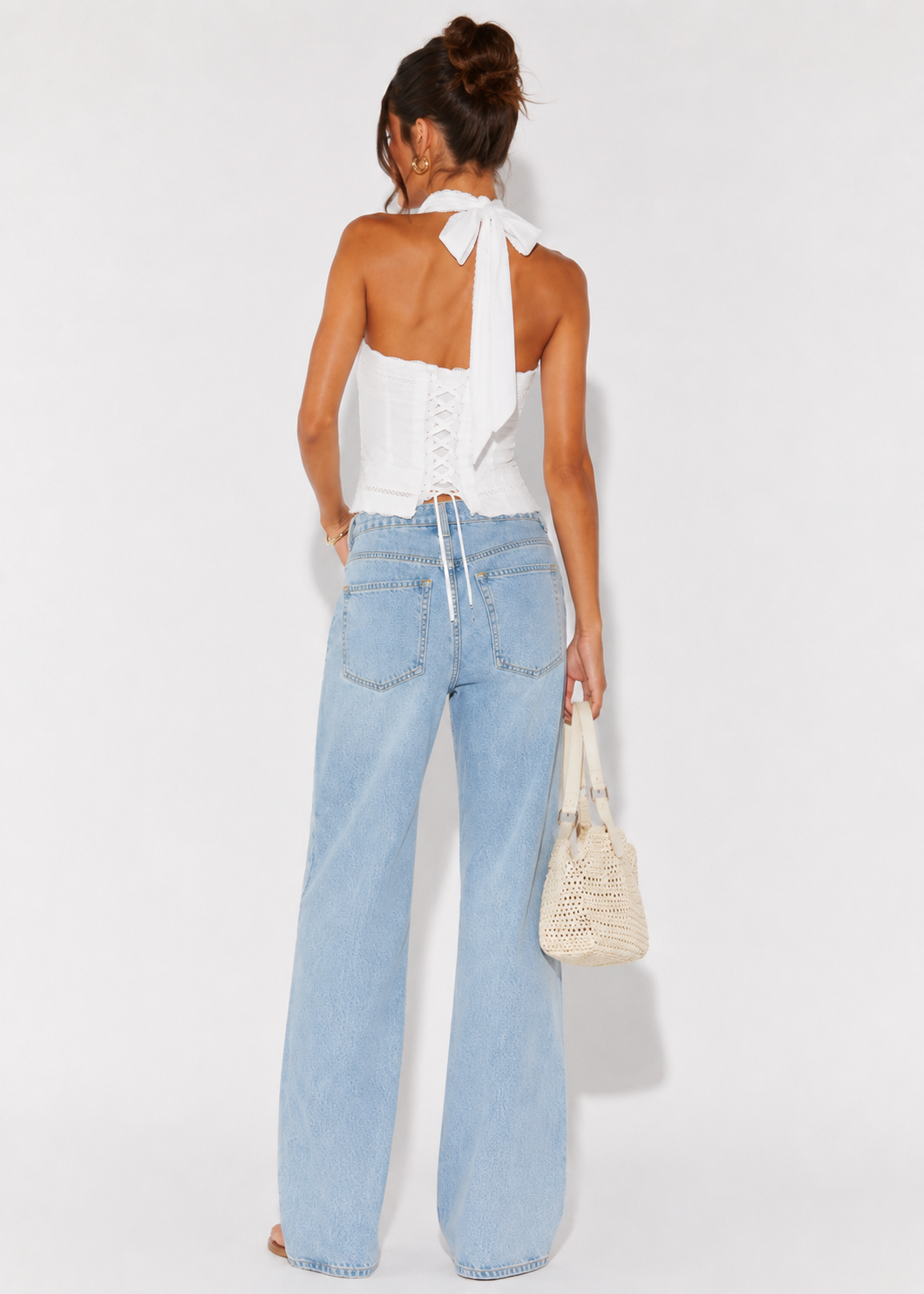 White Lace Trim Halter Tie Crop Top