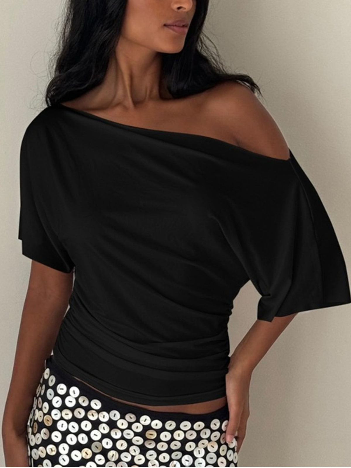 Ruched One-Shoulder Short Sleeve Top - Gloss & Grit