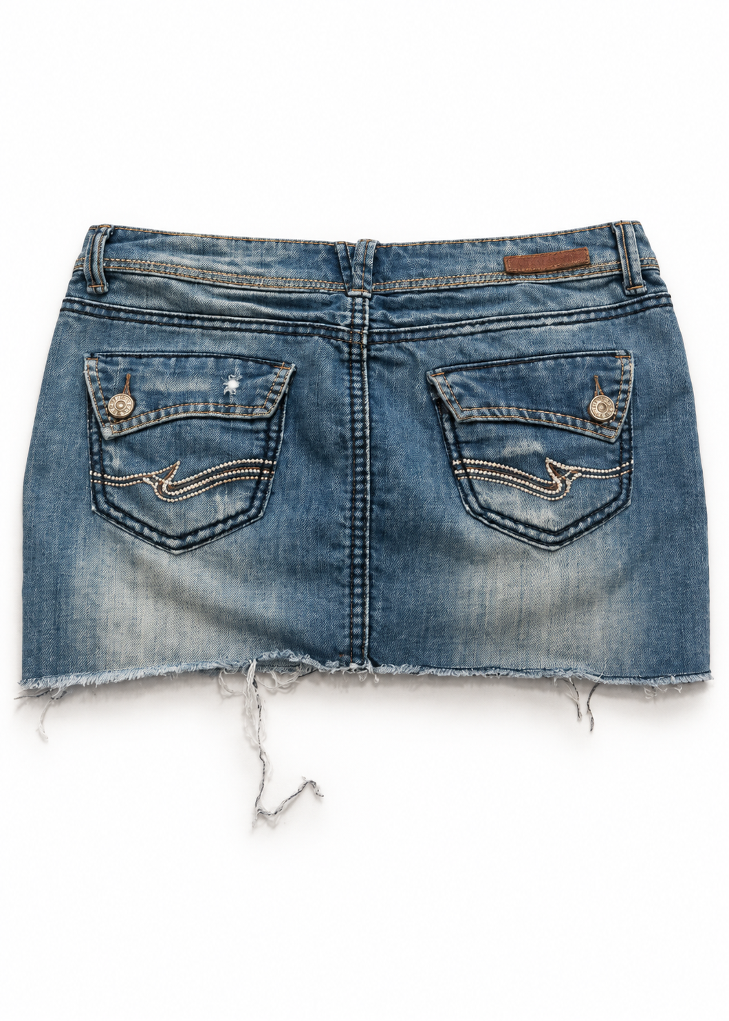 Almost Famous blue denim micro mini skirt, back studio view with embroidered flap pockets