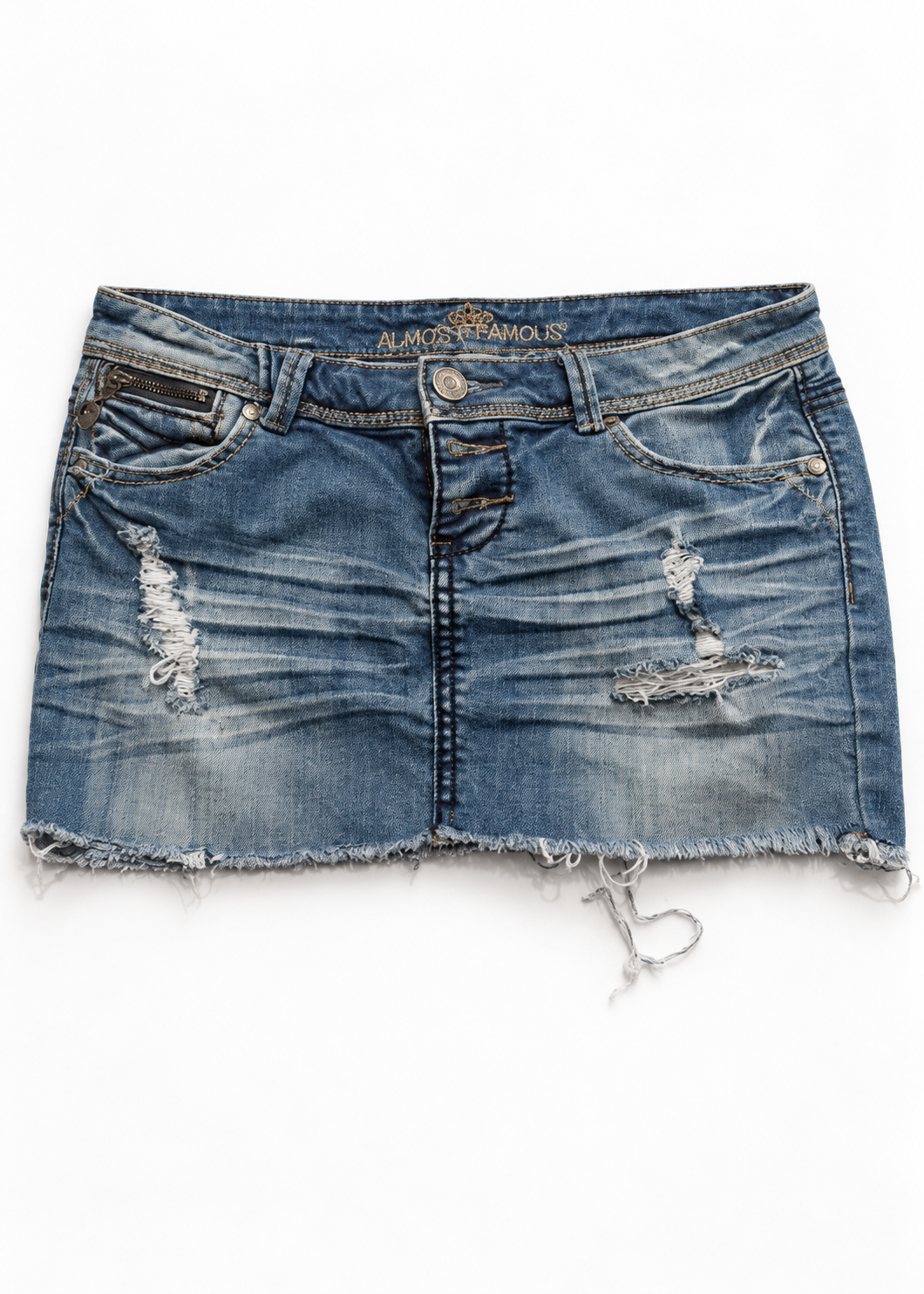 Almost Famous blue distressed denim micro mini skirt, front studio view with raw hem
