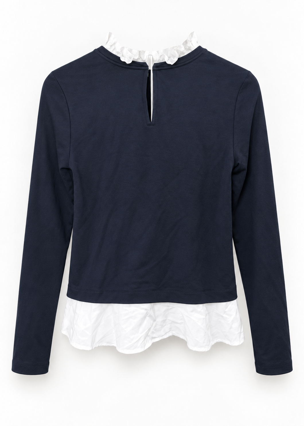 Ann Taylor navy and white ruffle layered top, back product view