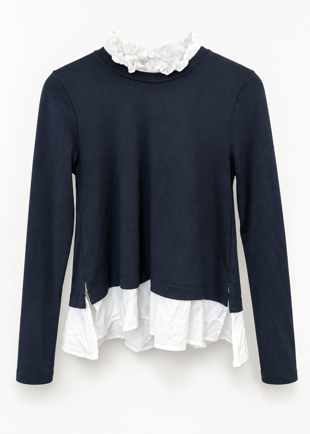 Ann Taylor navy and white ruffle layered top, front product view