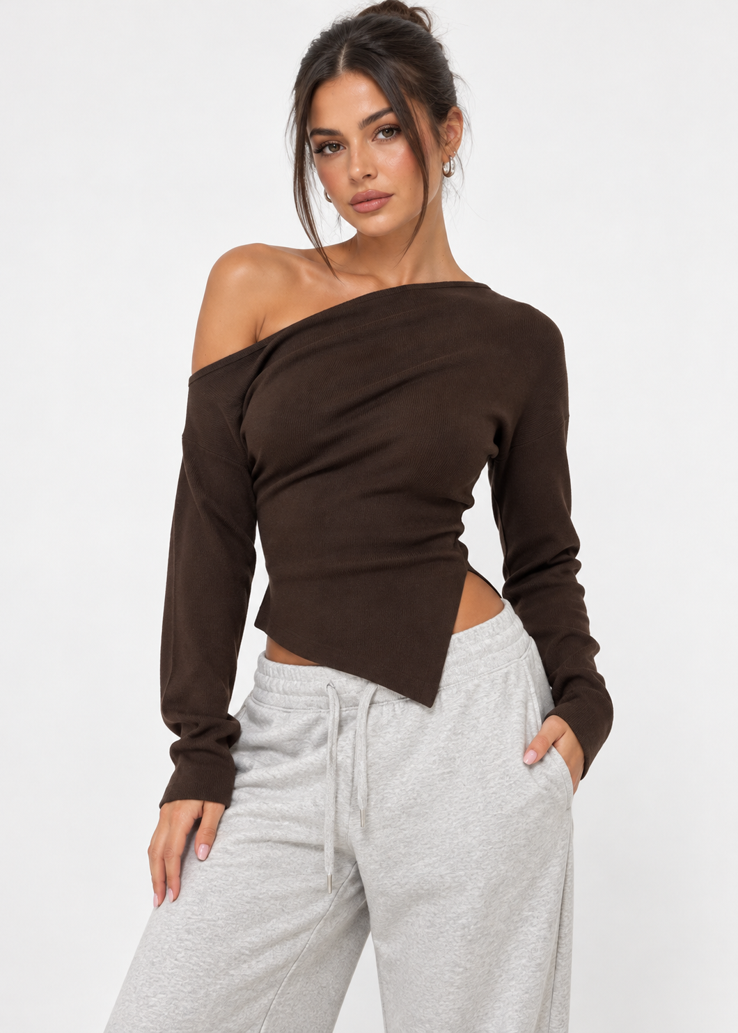 Briella dark brown one-shoulder long sleeve top styled with light gray sweatpants