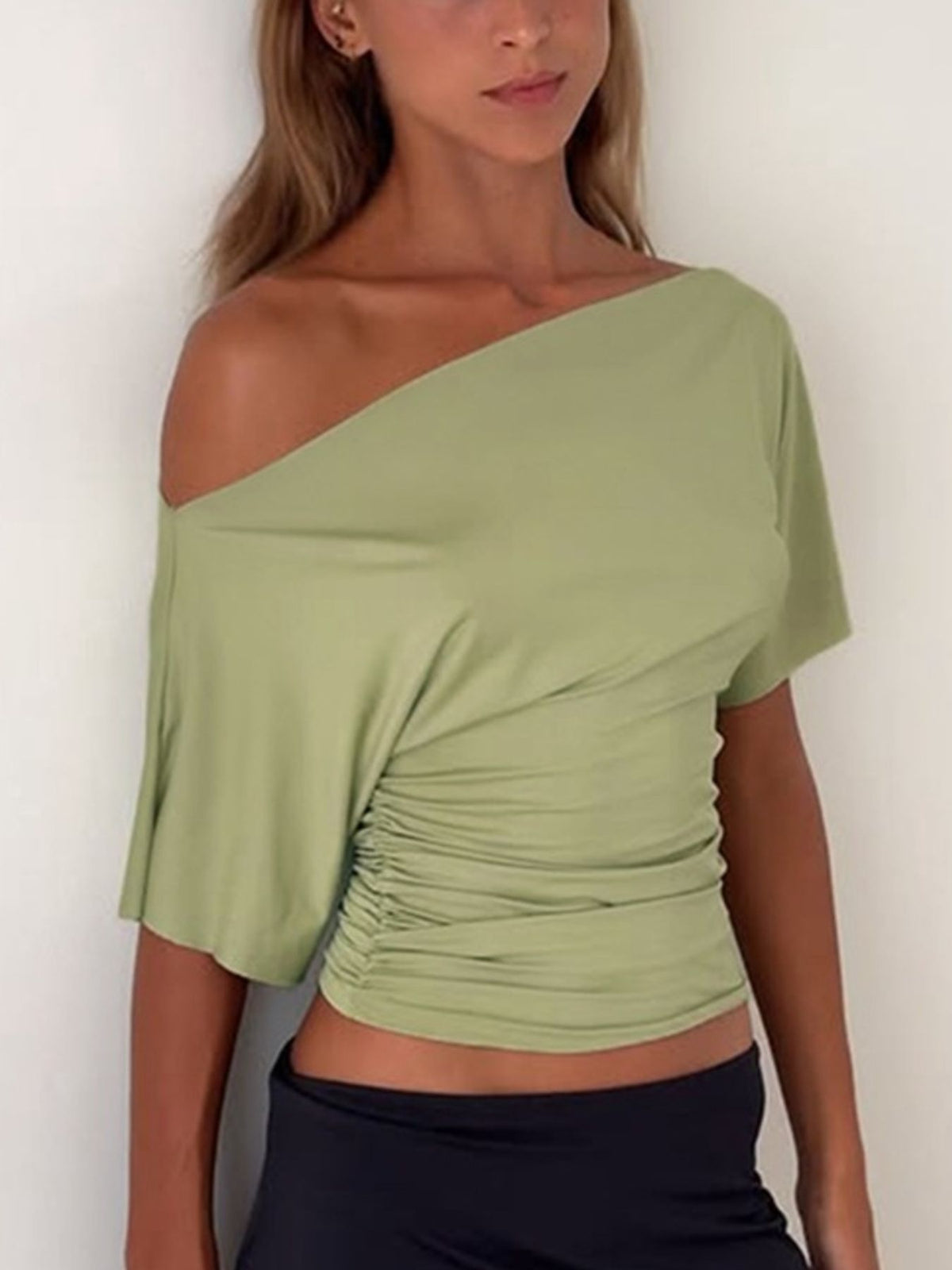 Ruched One-Shoulder Short Sleeve Top - Gloss & Grit