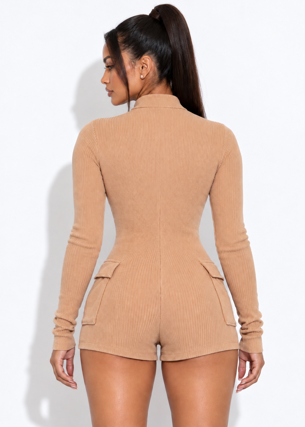 Callista tan ribbed romper back view without a back zipper