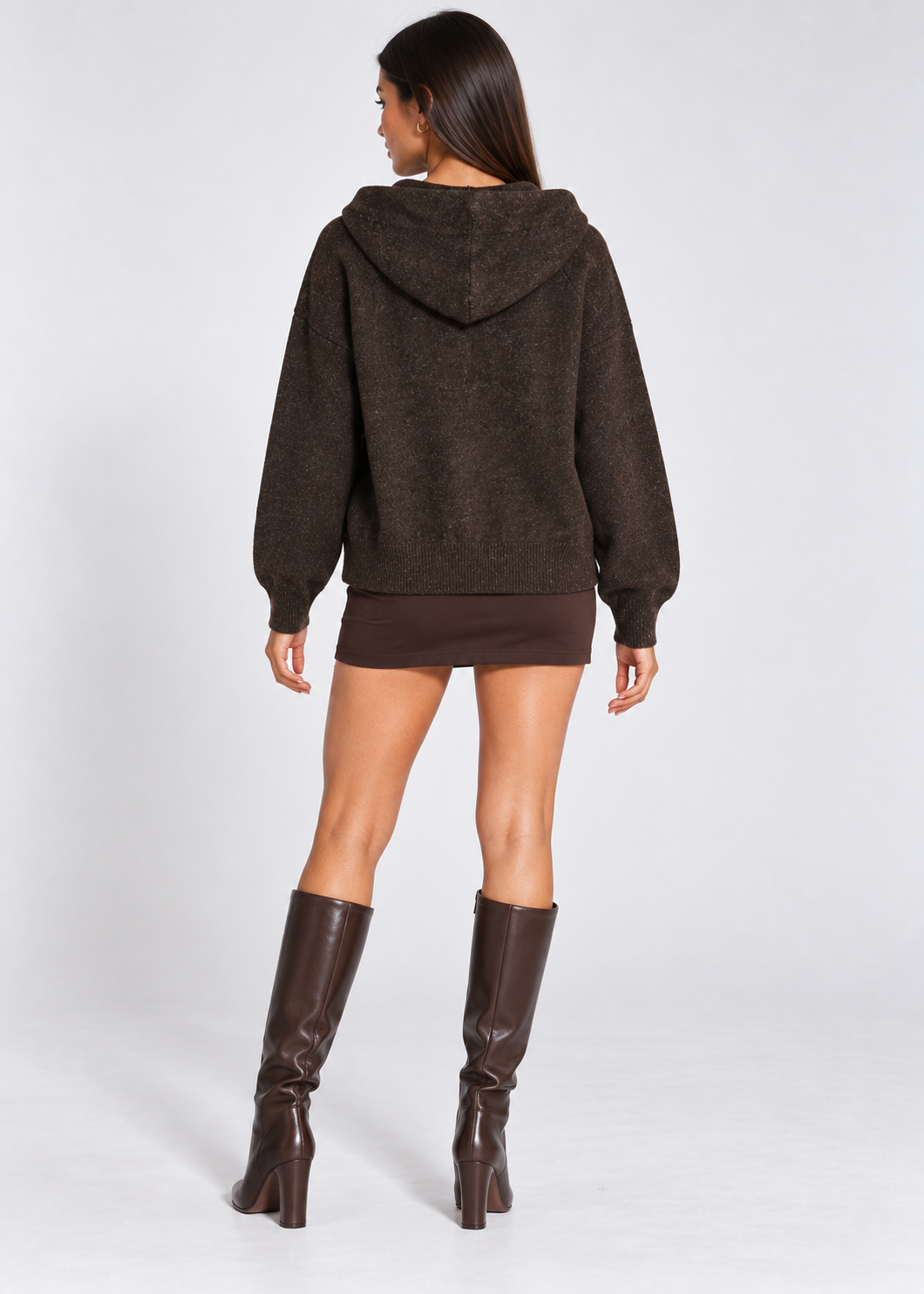 Cecily Bow Hooded Cardigan in dark brown, styled model back view