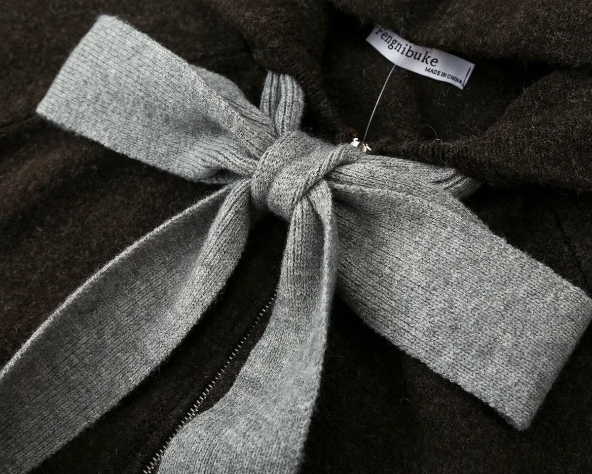 Cecily dark brown bow hooded cardigan, detail 11