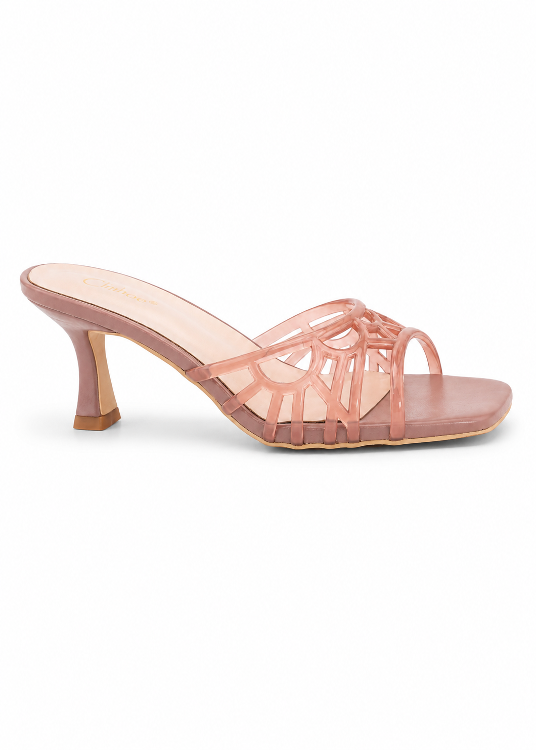 Clmhoe women's brown clear mesh jelly kitten heel mule side view on white studio background