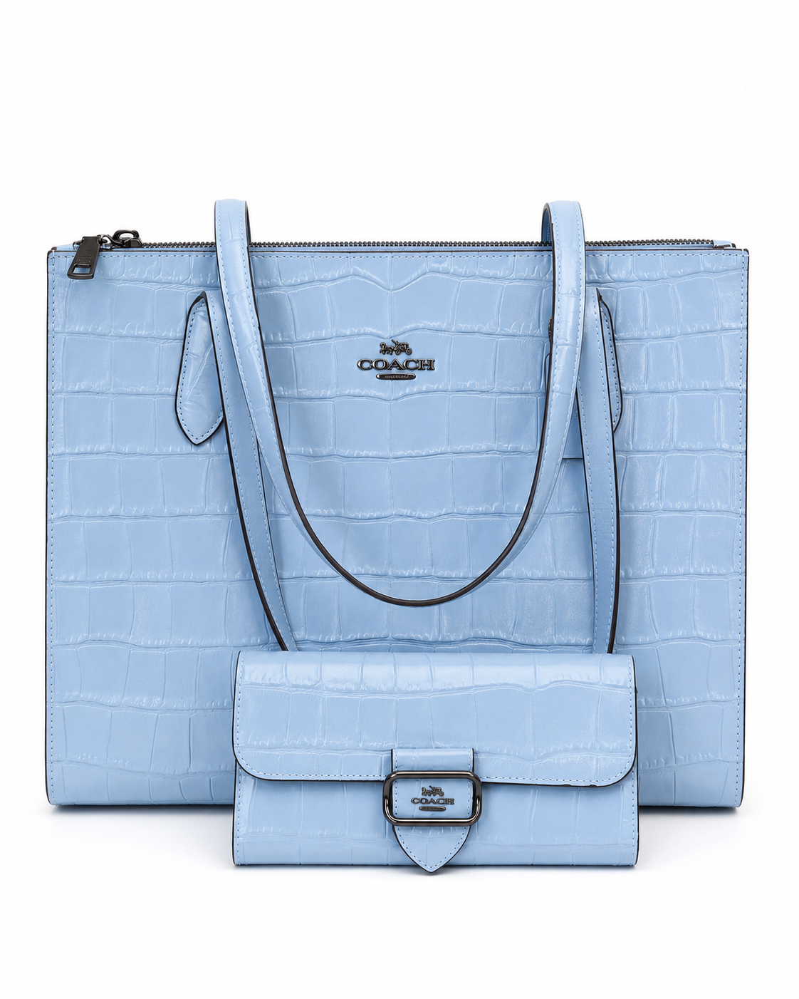 Coach Nina cornflower blue croc-embossed tote and matching wallet set