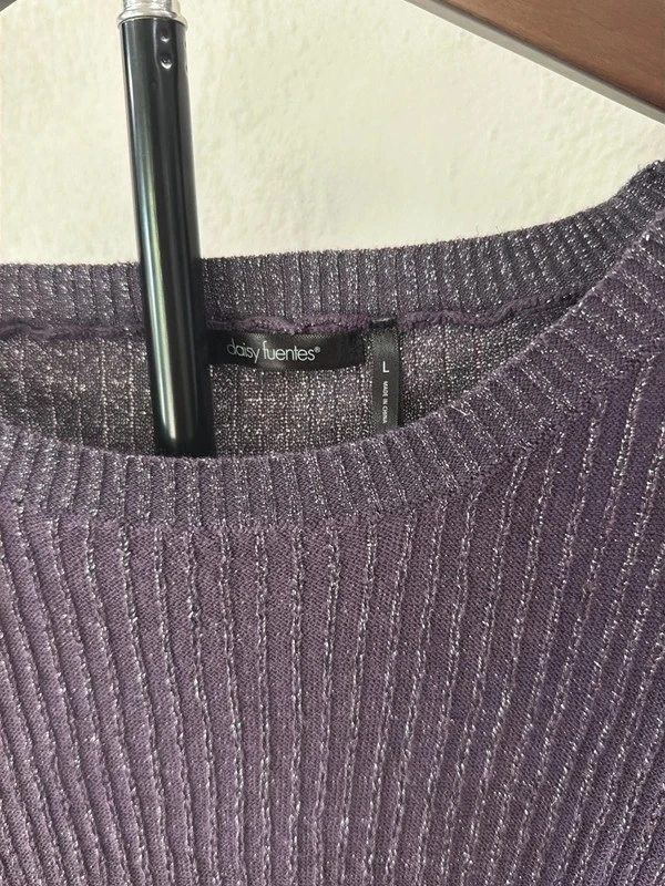 Original Daisy Fuentes brand and size L label on purple metallic dress