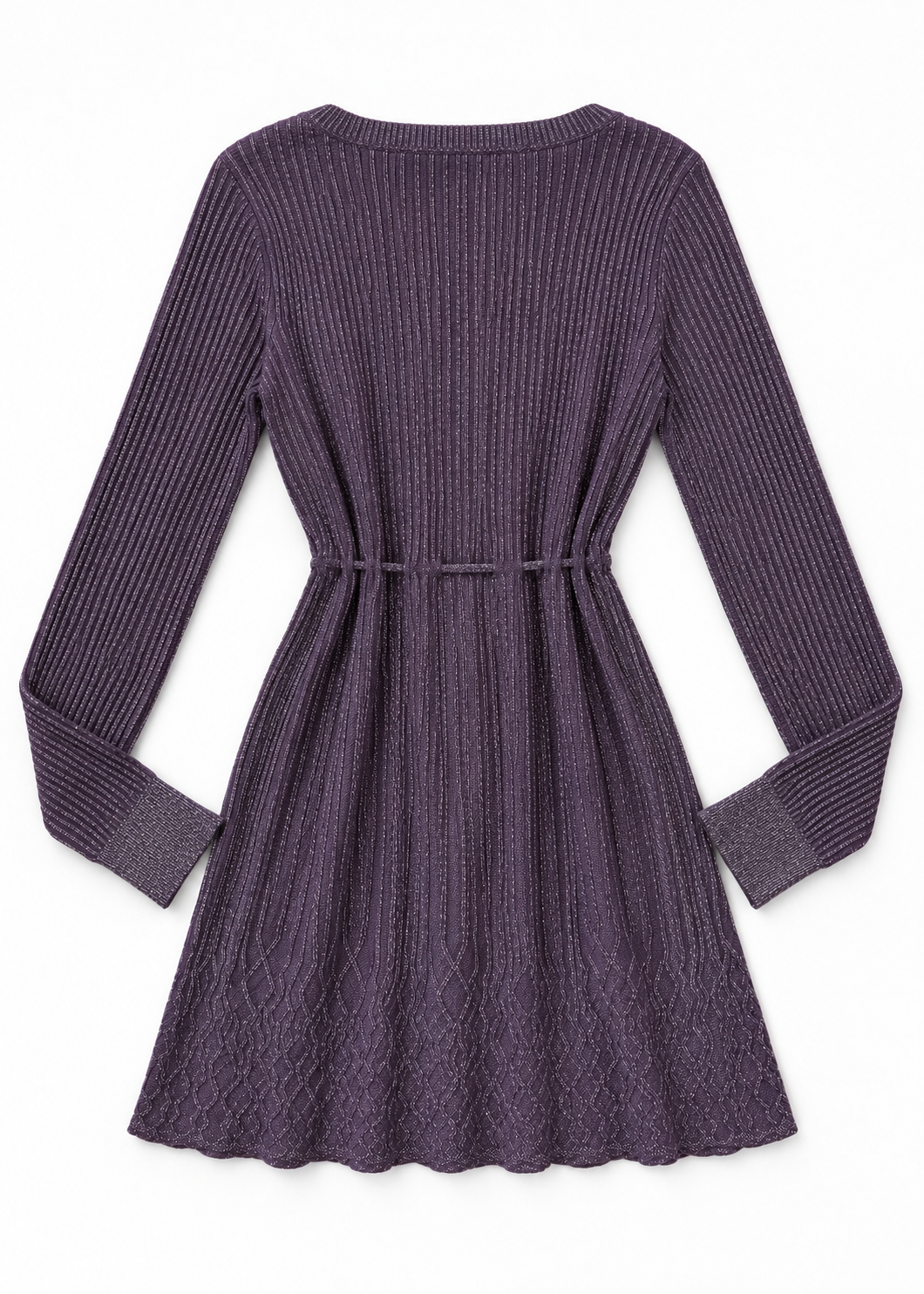 Back studio flat lay of Daisy Fuentes purple metallic mini dress
