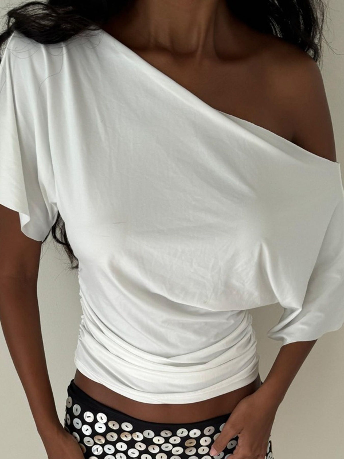 Ruched One-Shoulder Short Sleeve Top - Gloss & Grit