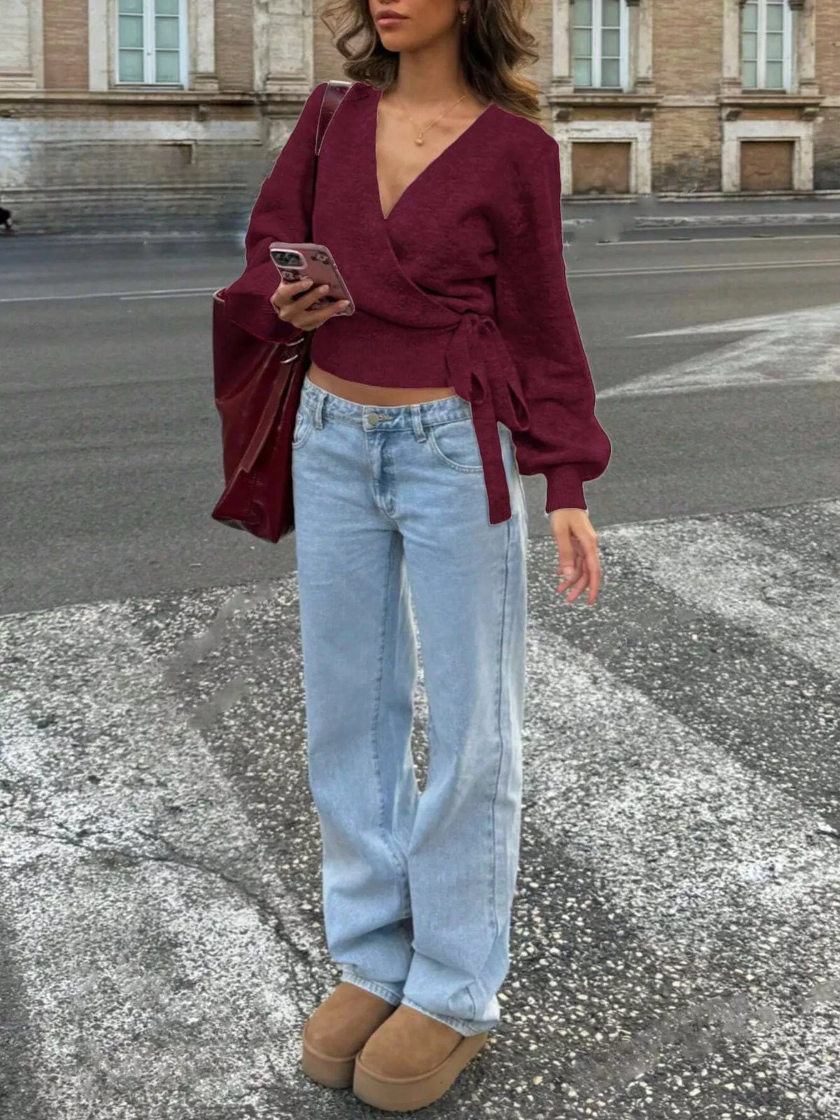 Tie Waist Surplice Knit Sweater Top with Wrap Front - Gloss & Grit